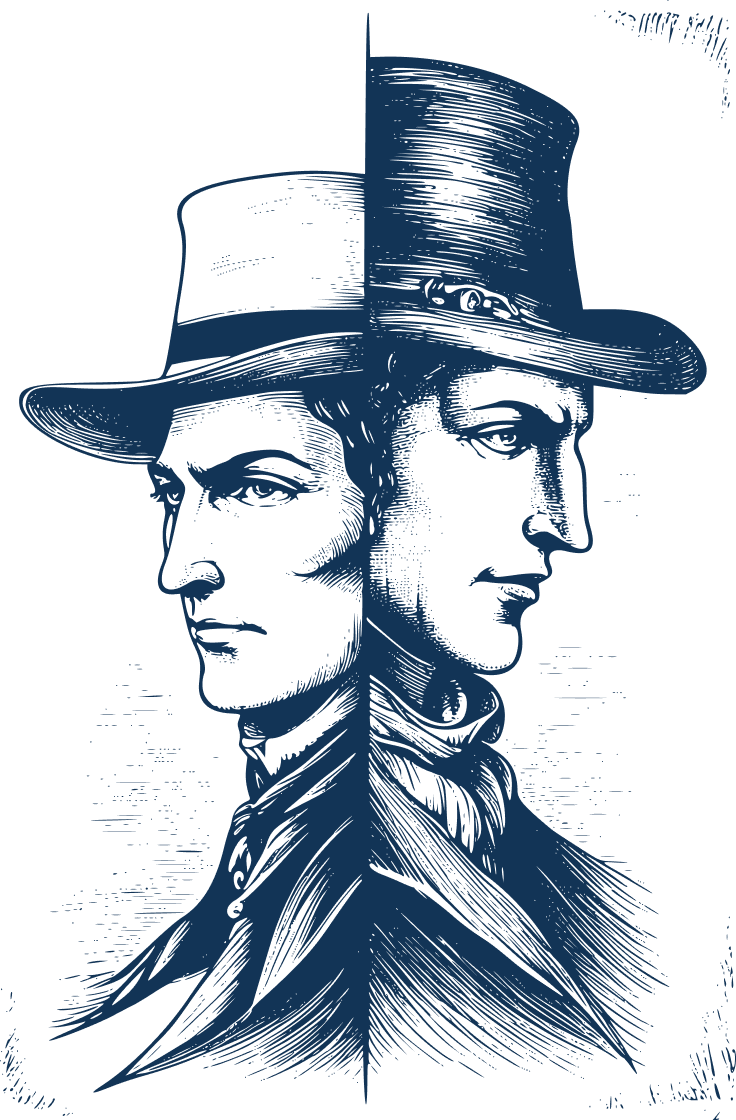 An illustration of a man in a white hat, contrasted with a man in a black hat, depicting the battle of white vs black hat SEO